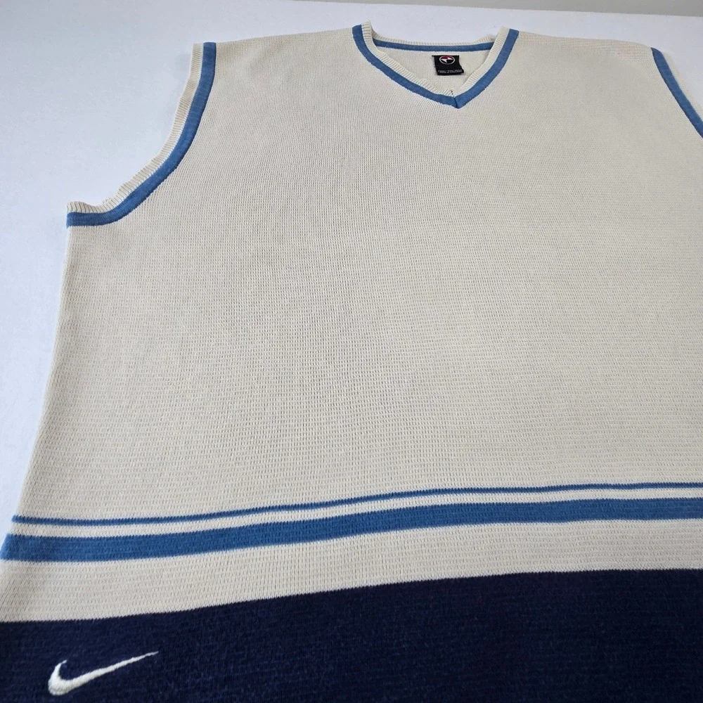 Nike Sweater Vest Mens XXL Cream  Vintage V-Neck Cotton Colorblock Striped (
